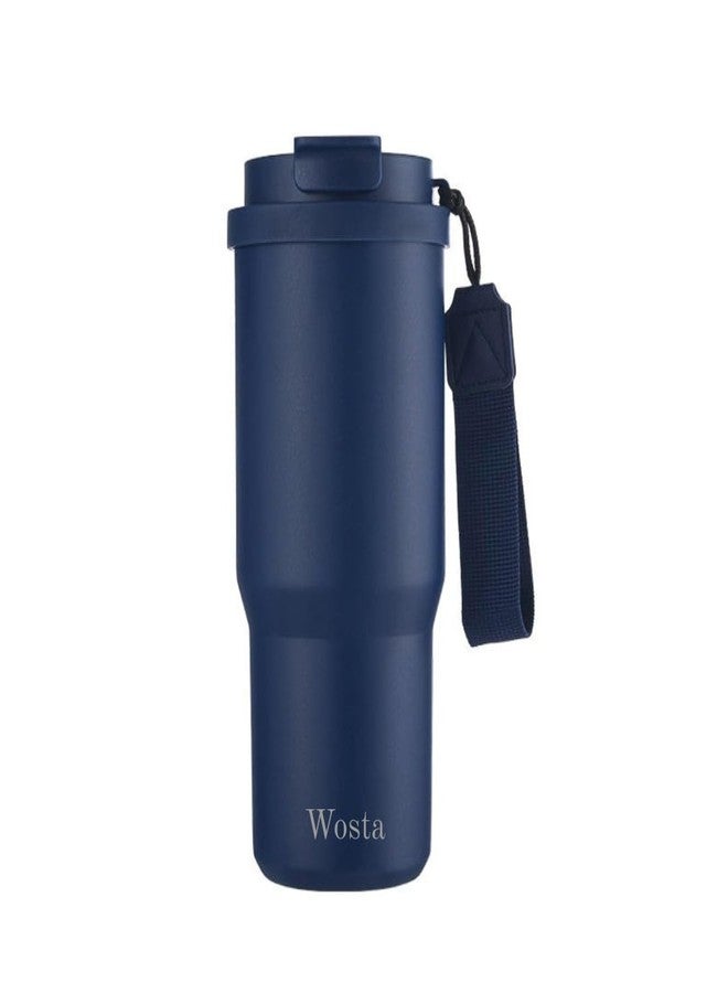 Wosta 750 ml Stainless Steel Insulated Tumbler - Dual-Lid (Flip-Sip + Straw), Tea/Fruit Strainer, Leak-Proof Screw-On Lid, Silicone Straw & Hanging Belt. (Dark Blue) - Image 1